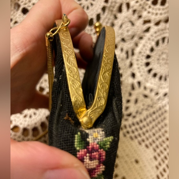 Vintage Circular Clutch Black Bag With Stitched Florals, Gold Accents - Picture 11 of 17